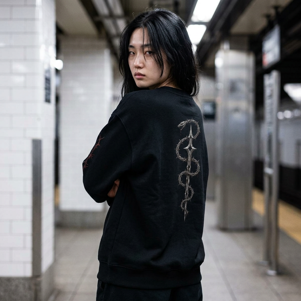 Woundwire Crewneck Sweatshirt — Gothic Barbed-Wire Logo Pullover