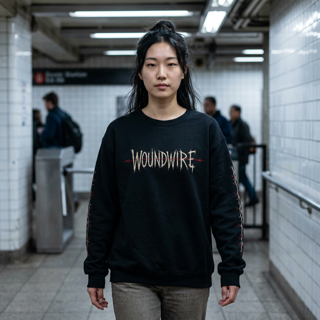 Woundwire Crewneck Sweatshirt — Gothic Barbed-Wire Logo Pullover