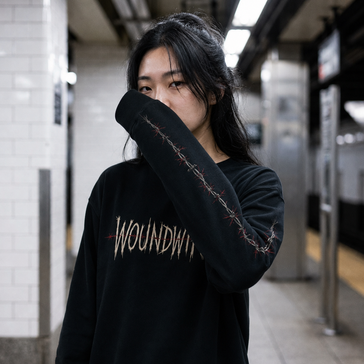 Woundwire Crewneck Sweatshirt — Gothic Barbed-Wire Logo Pullover