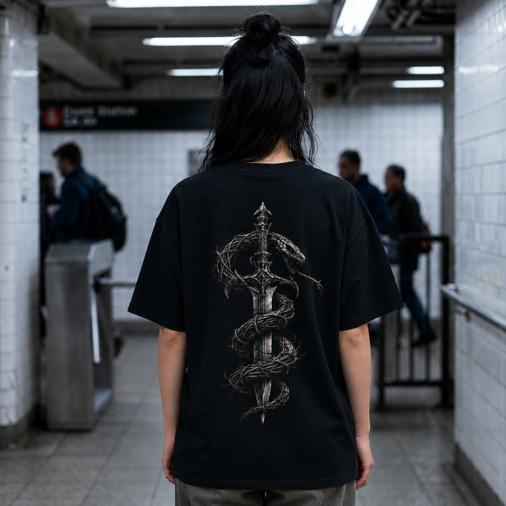 Woundwire Graphic T‑Shirt — Sword & Serpent Dark Metal Band Tee
